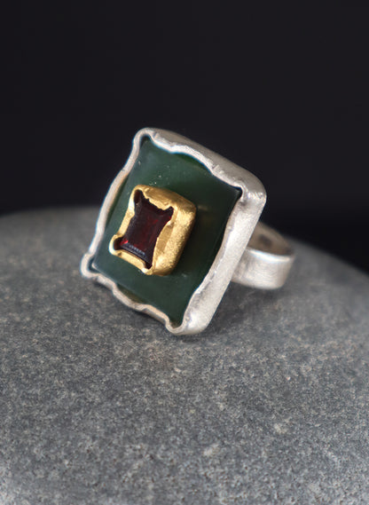 NZ Pounamu Ring 24ct Gold Garnet Ring