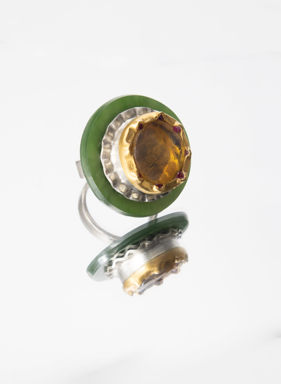 NZ Pounamu, Amber, Rubies, 24ct Gold, Sterling Silver Ring