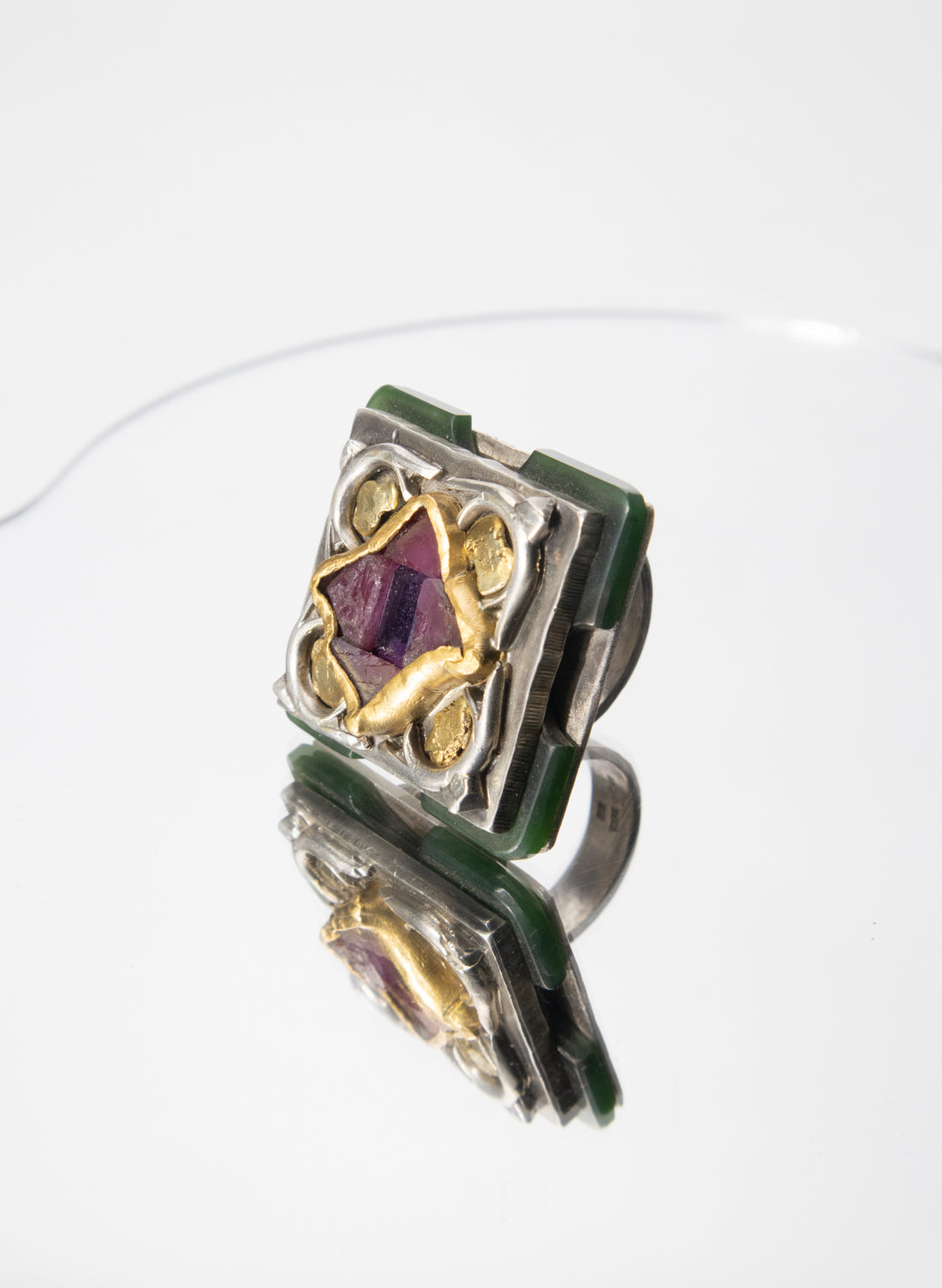 NZ Pounamu with 24ct Gold, Amethyst and Sterling Silver Ring