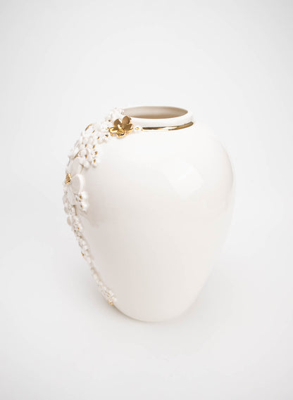 XL Round Deco Vase - White and Gold Flowers