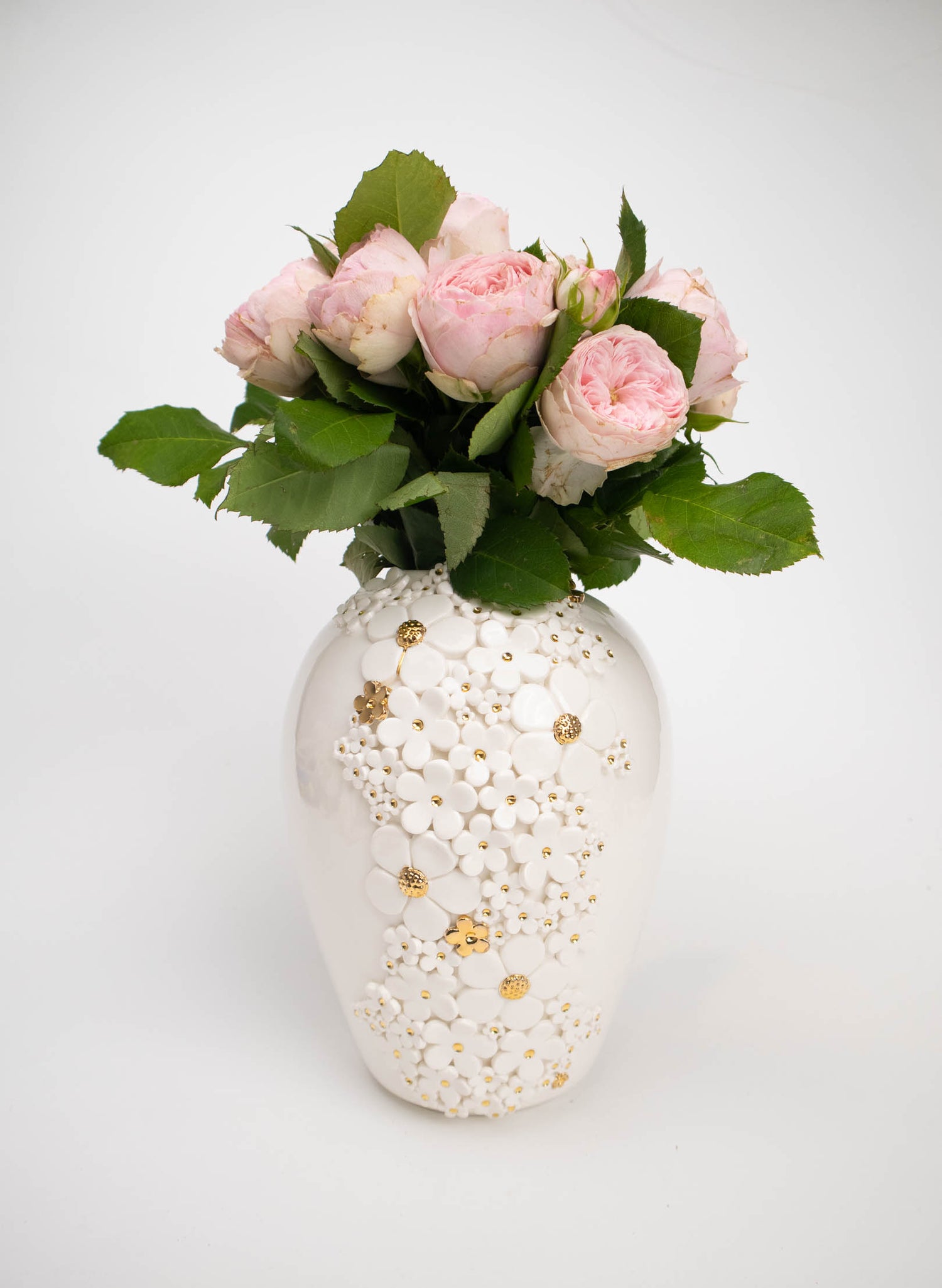 XL Round Deco Vase - White and Gold Flowers