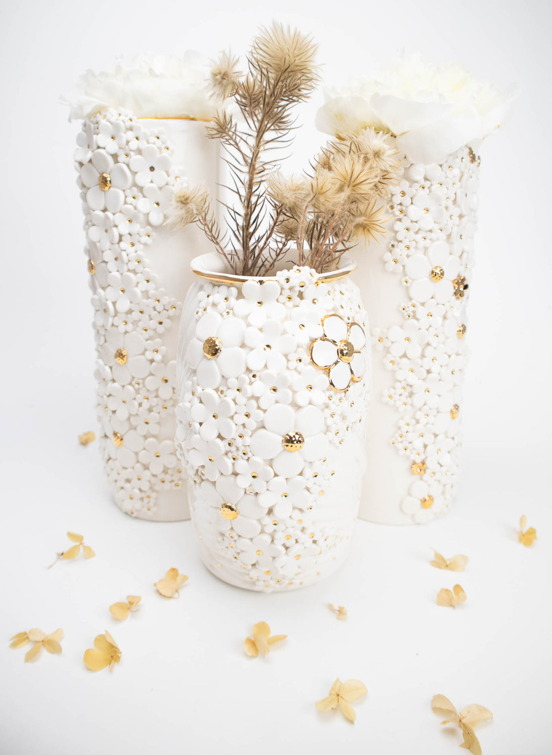 XL Deco Vase - White and Gold Flowers