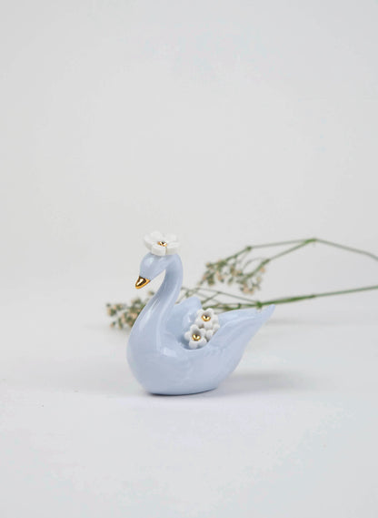 XSmall Blue Swan with Gold &amp; White Flowers 