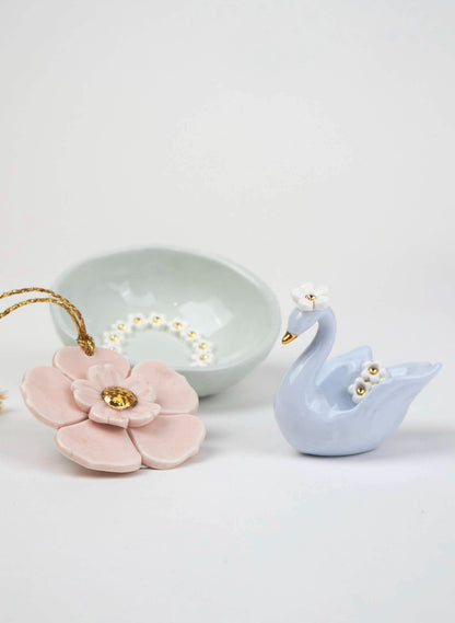 XSmall Blue Swan with Gold &amp; White Flowers 