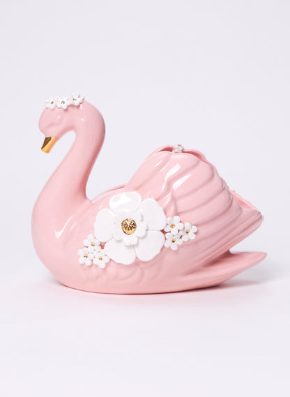 Large Pink Swan with Gold and White Flowers