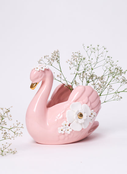 Large Pink Swan with Gold and White Flowers