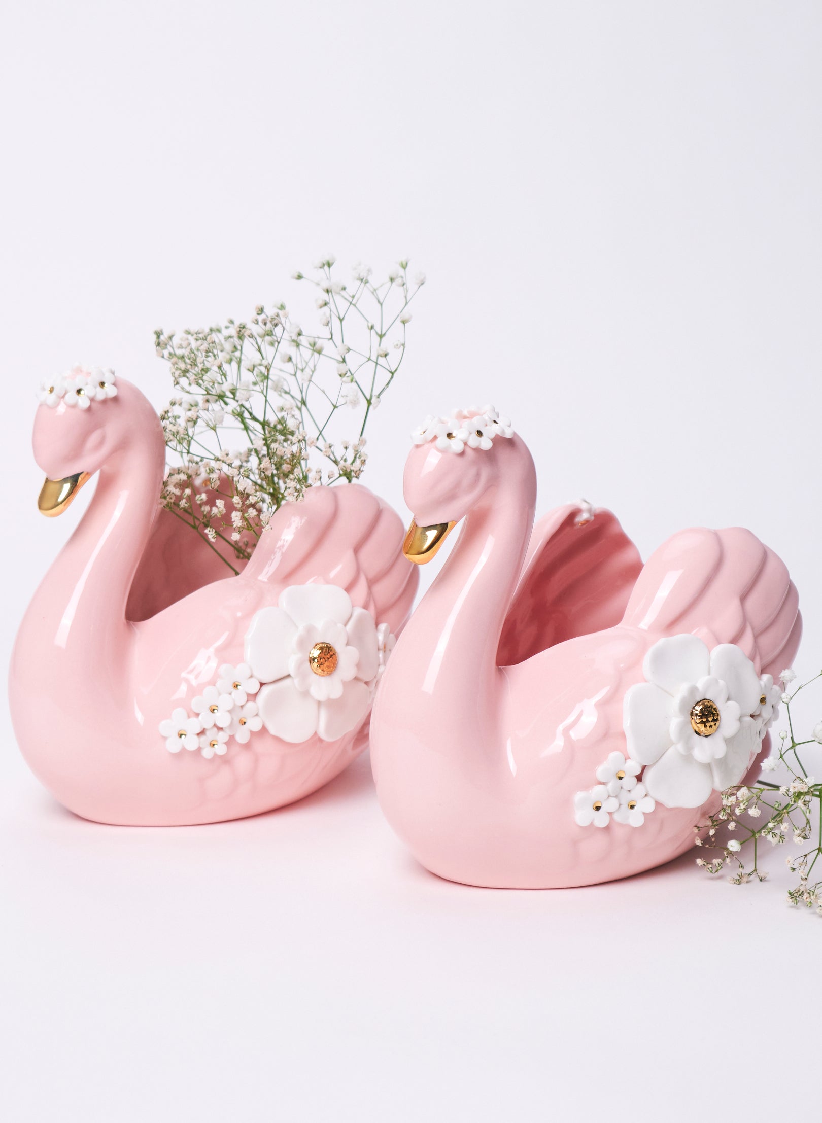 Large Pink Swan with Gold and White Flowers