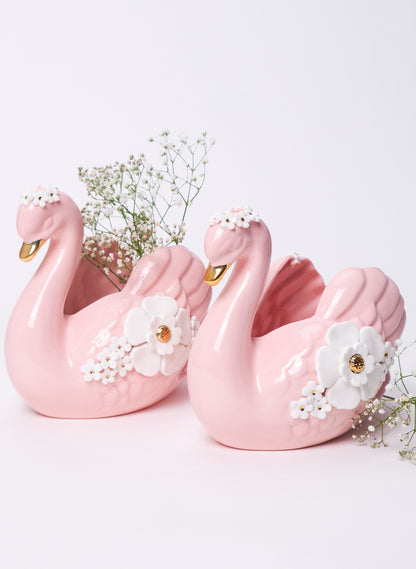 Large Pink Swan with Gold and White Flowers