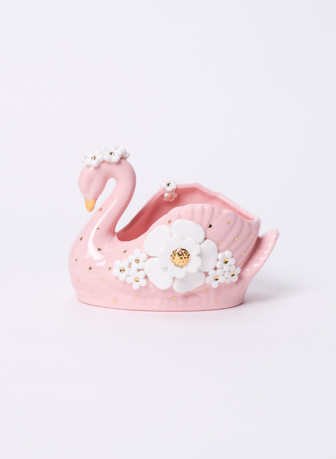 Small Pink Swan with Gold and White Flowers