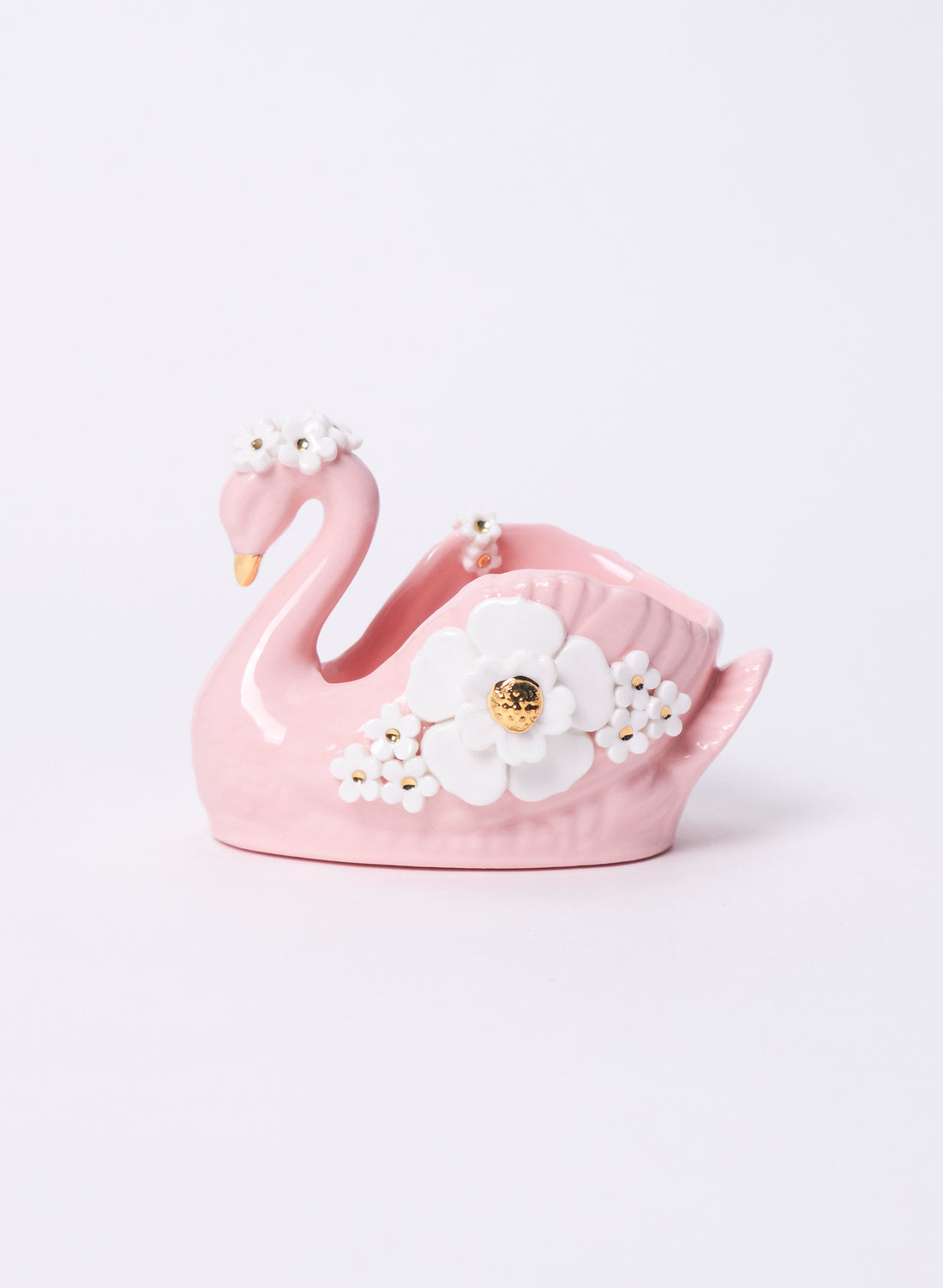 Small Pink Swan with Gold and White Flowers