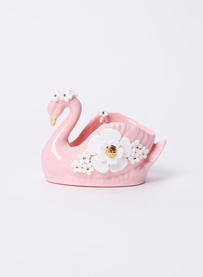 Small Pink Swan with Gold and White Flowers