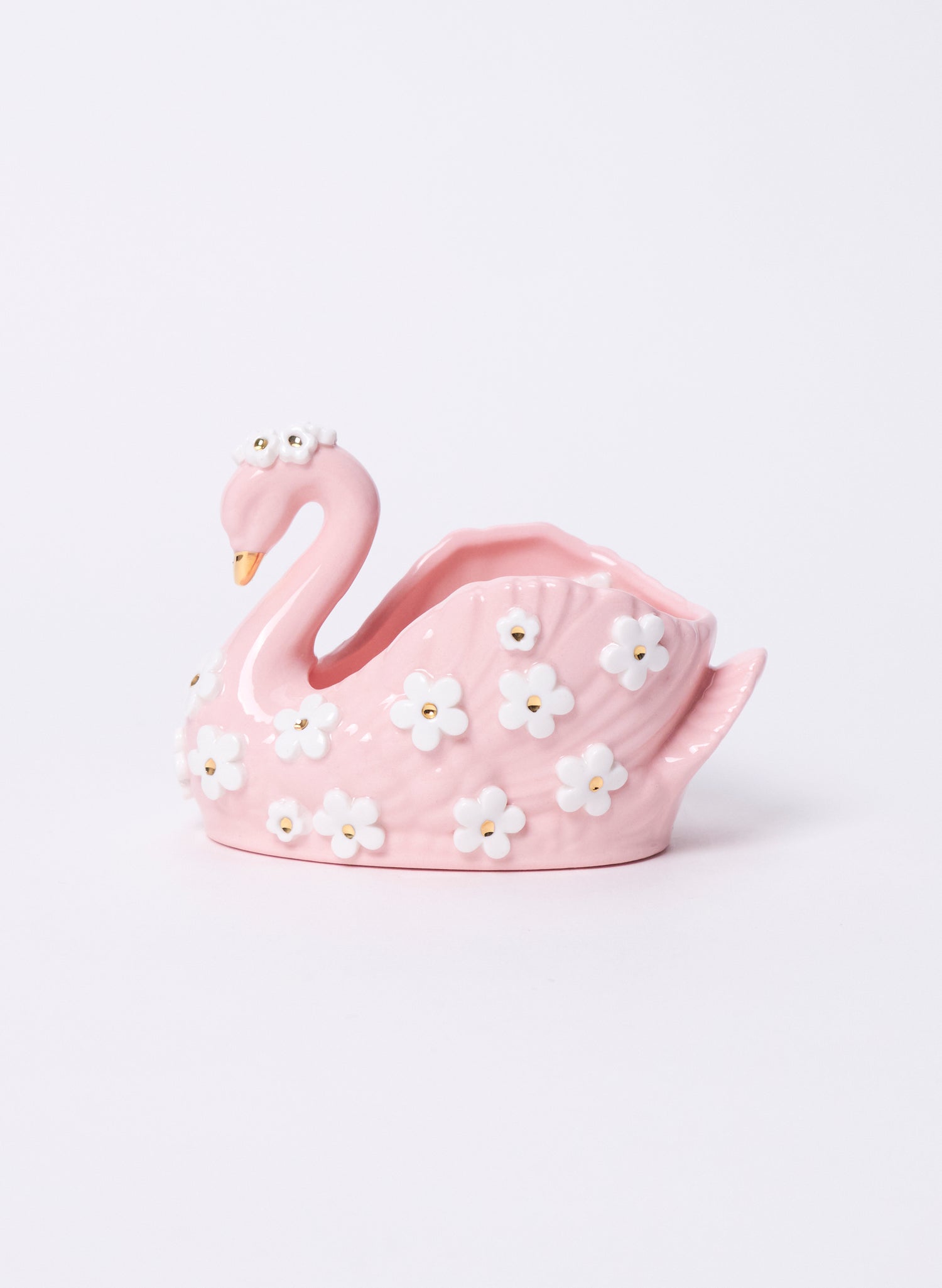 Small Pink Swan with Gold and White Flowers