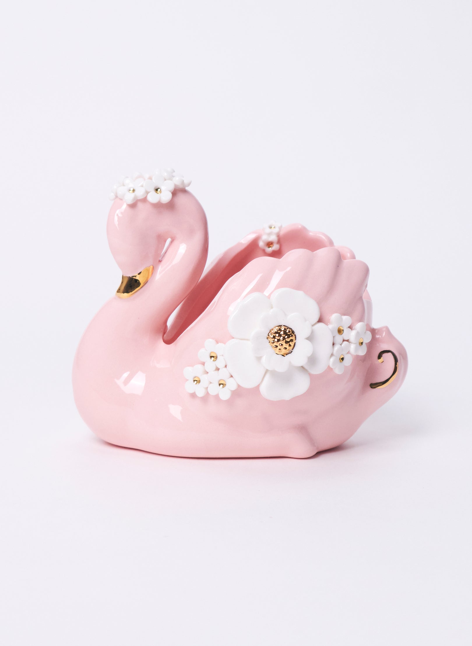 Medium Pink Swan with Gold and White Flowers