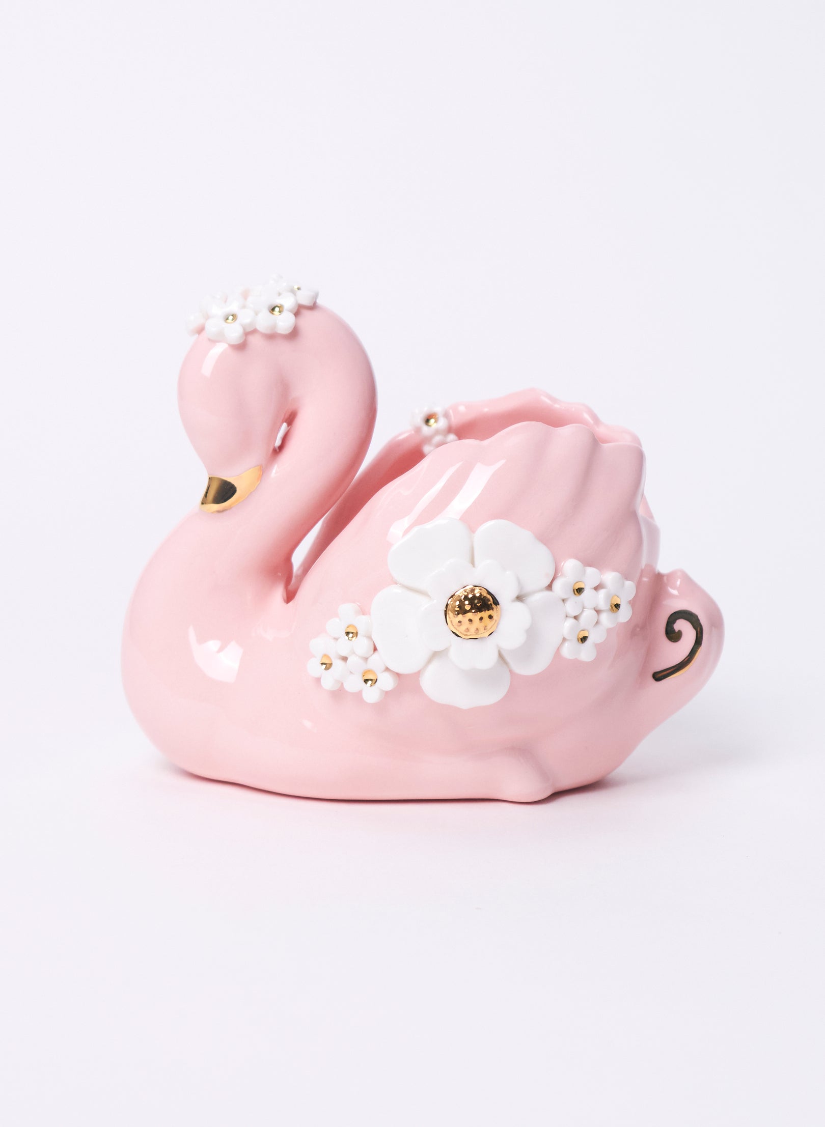 Medium Pink Swan with Gold and White Flowers