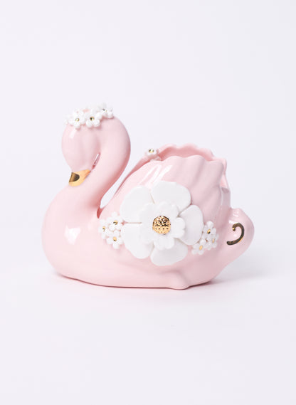 Medium Pink Swan with Gold and White Flowers