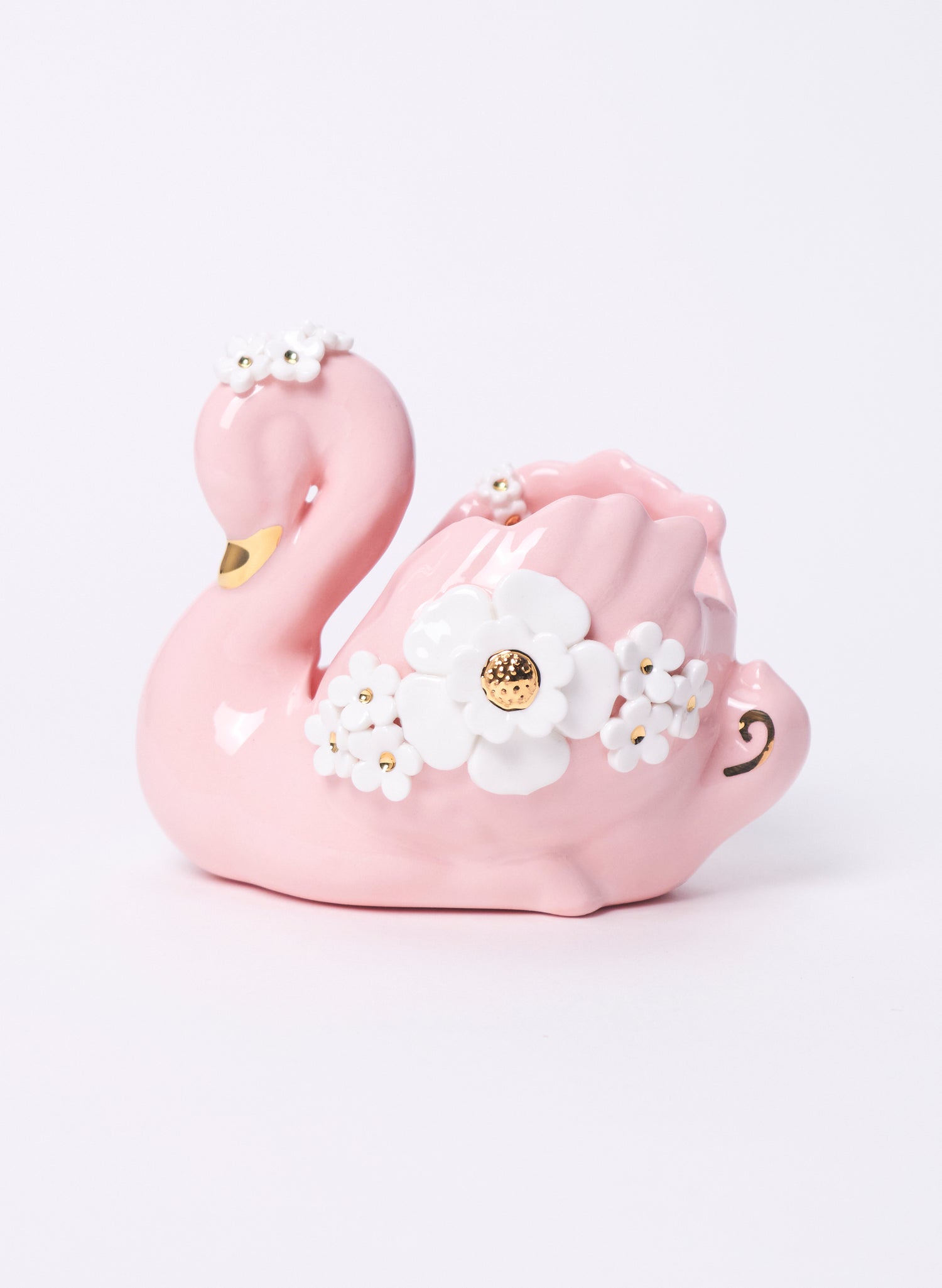 Medium Pink Swan with Gold and White Flowers