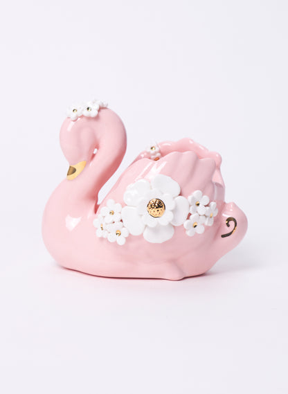 Medium Pink Swan with Gold and White Flowers