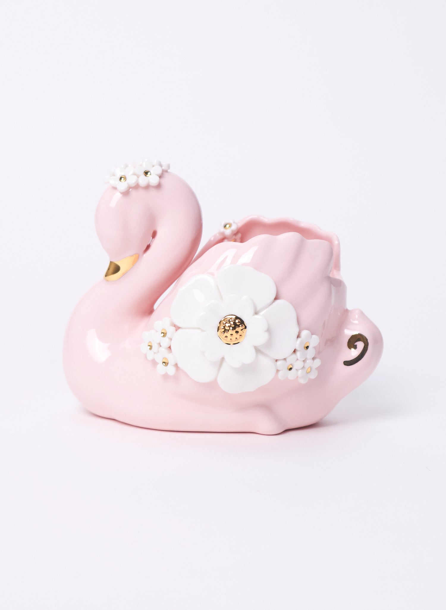 Medium Pink Swan with Gold and White Flowers