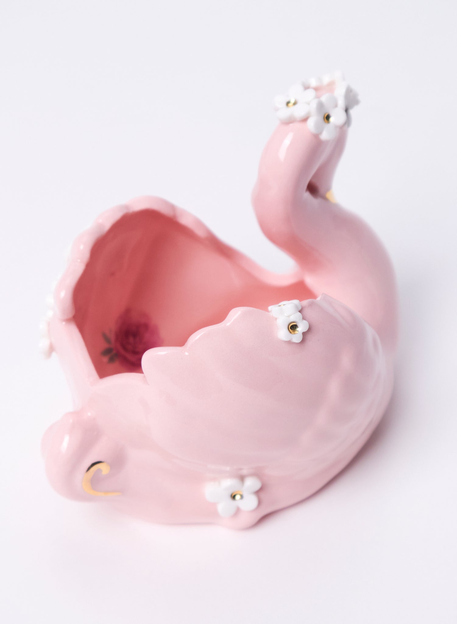 Medium Pink Swan with Gold and White Flowers