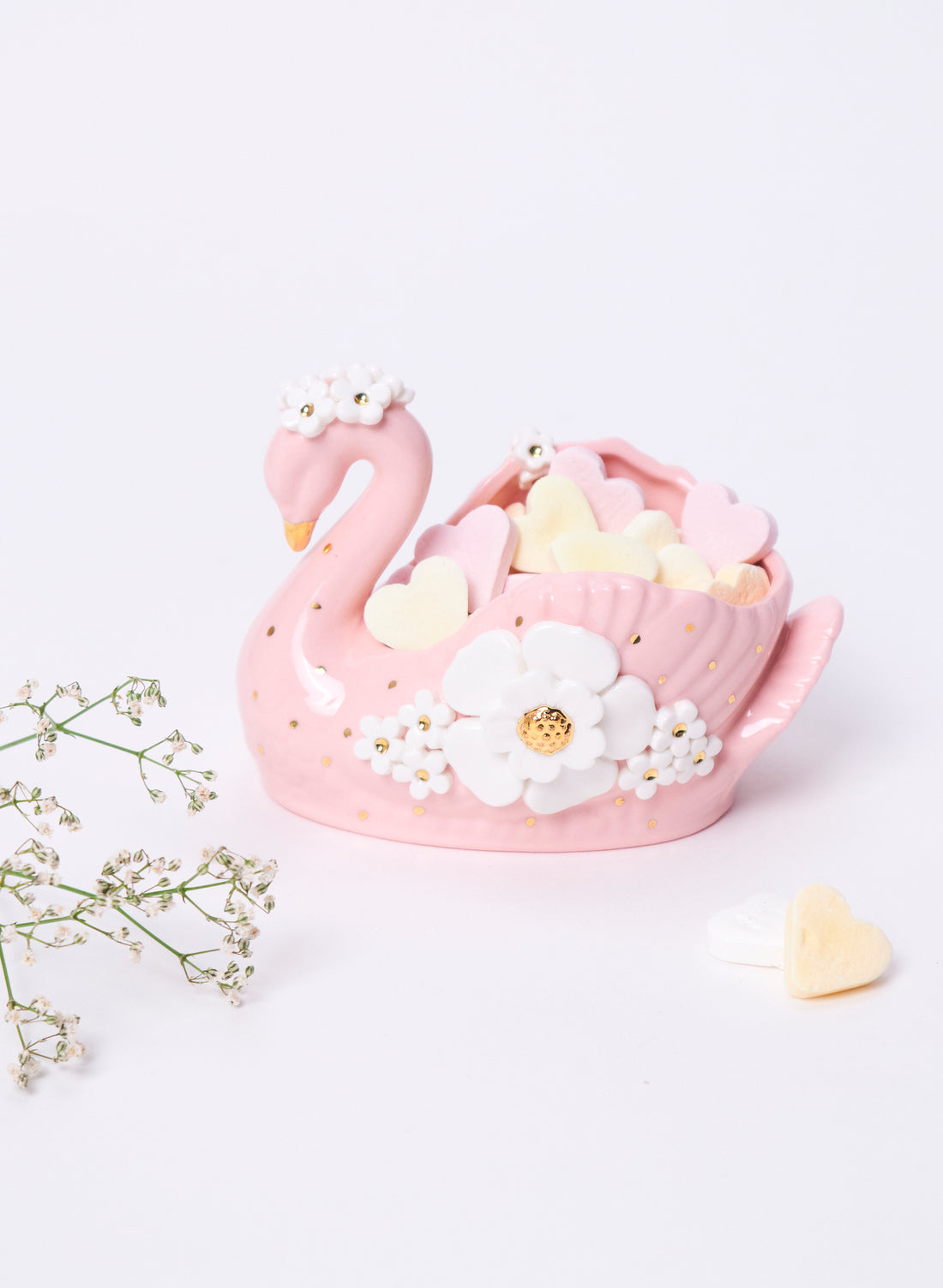 Small Pink Swan with Gold and White Flowers