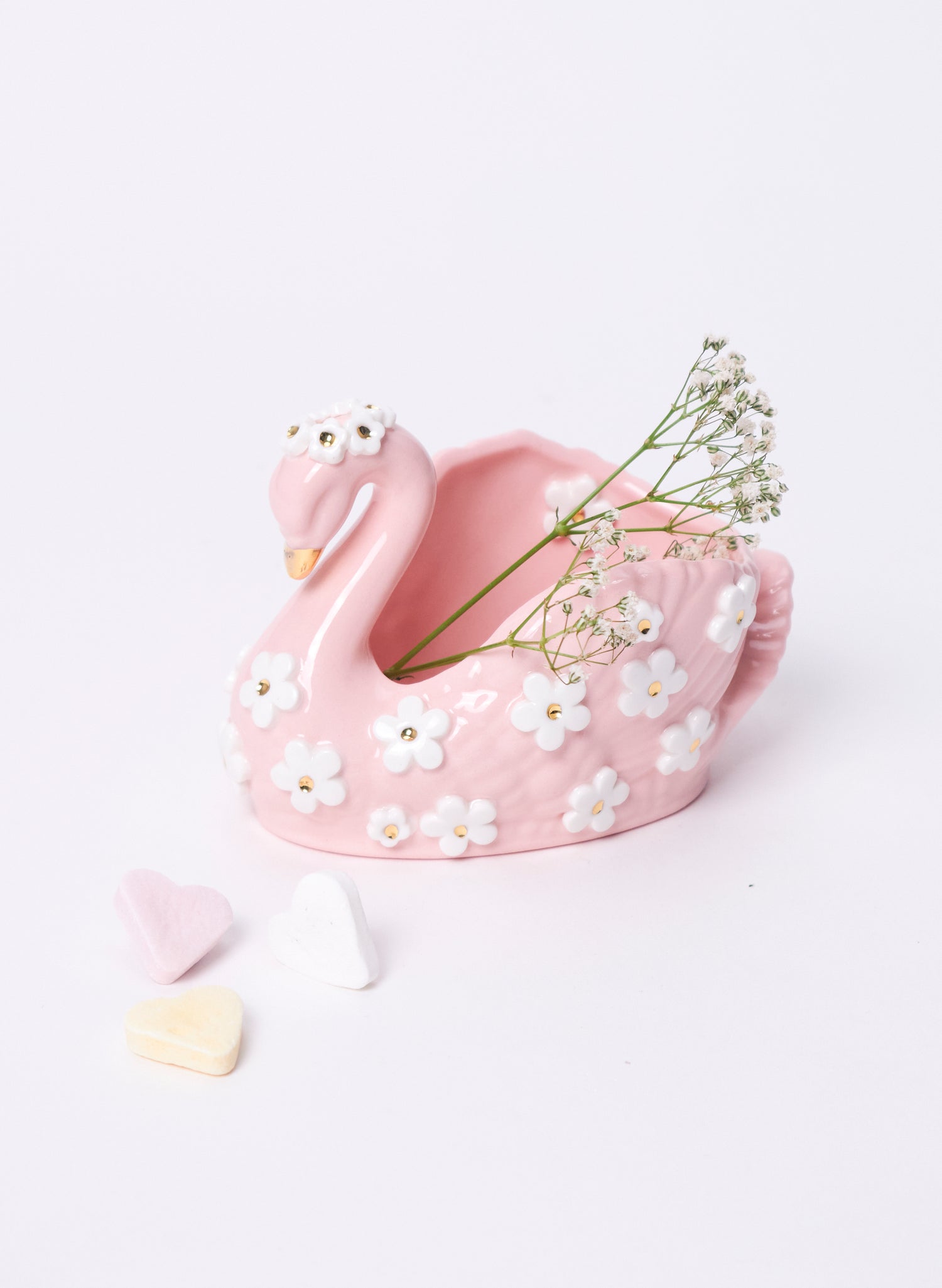 Small Pink Swan with Gold and White Flowers