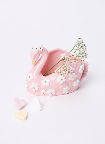 Small Pink Swan with Gold and White Flowers