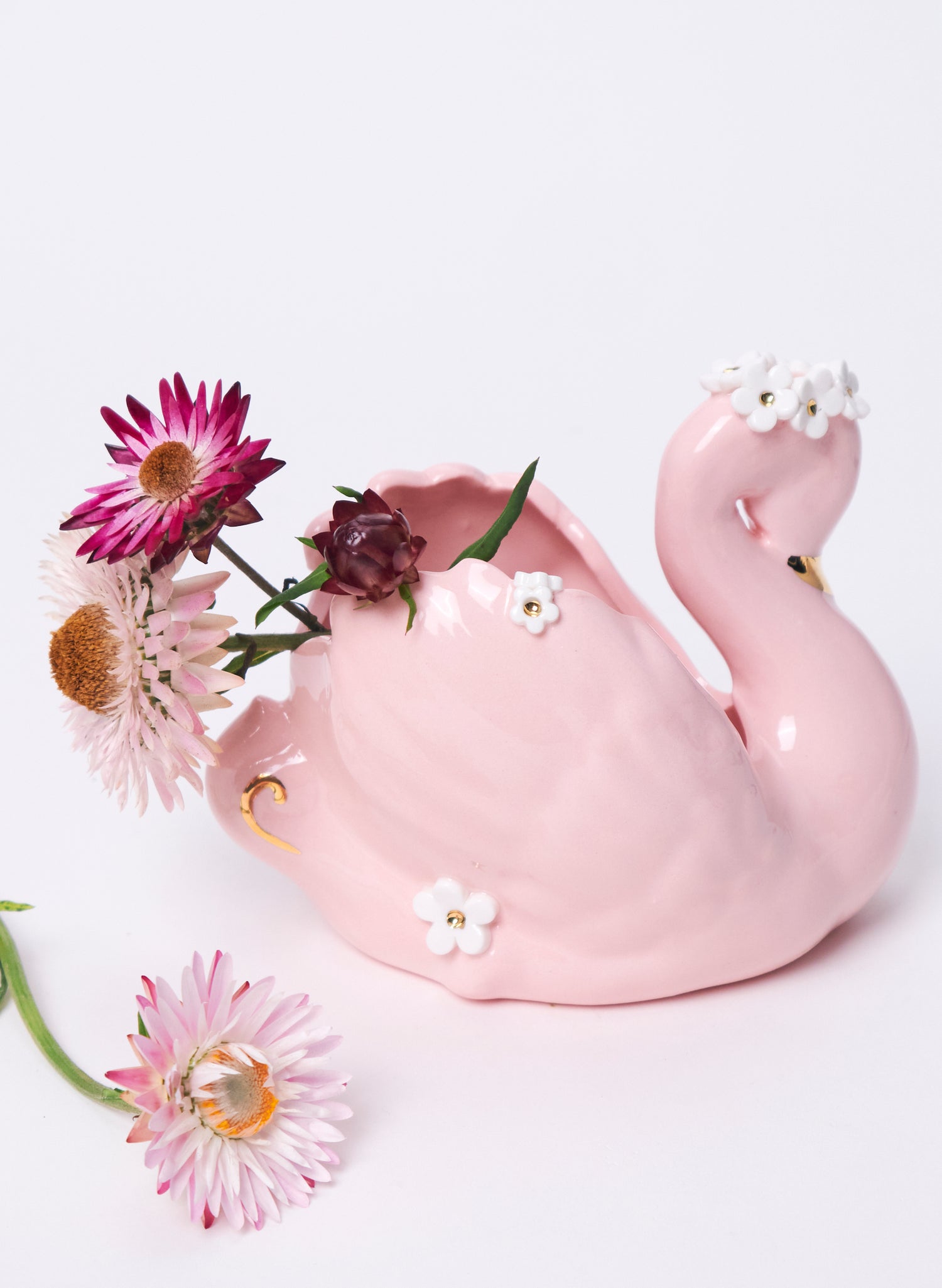 Medium Pink Swan with Gold and White Flowers