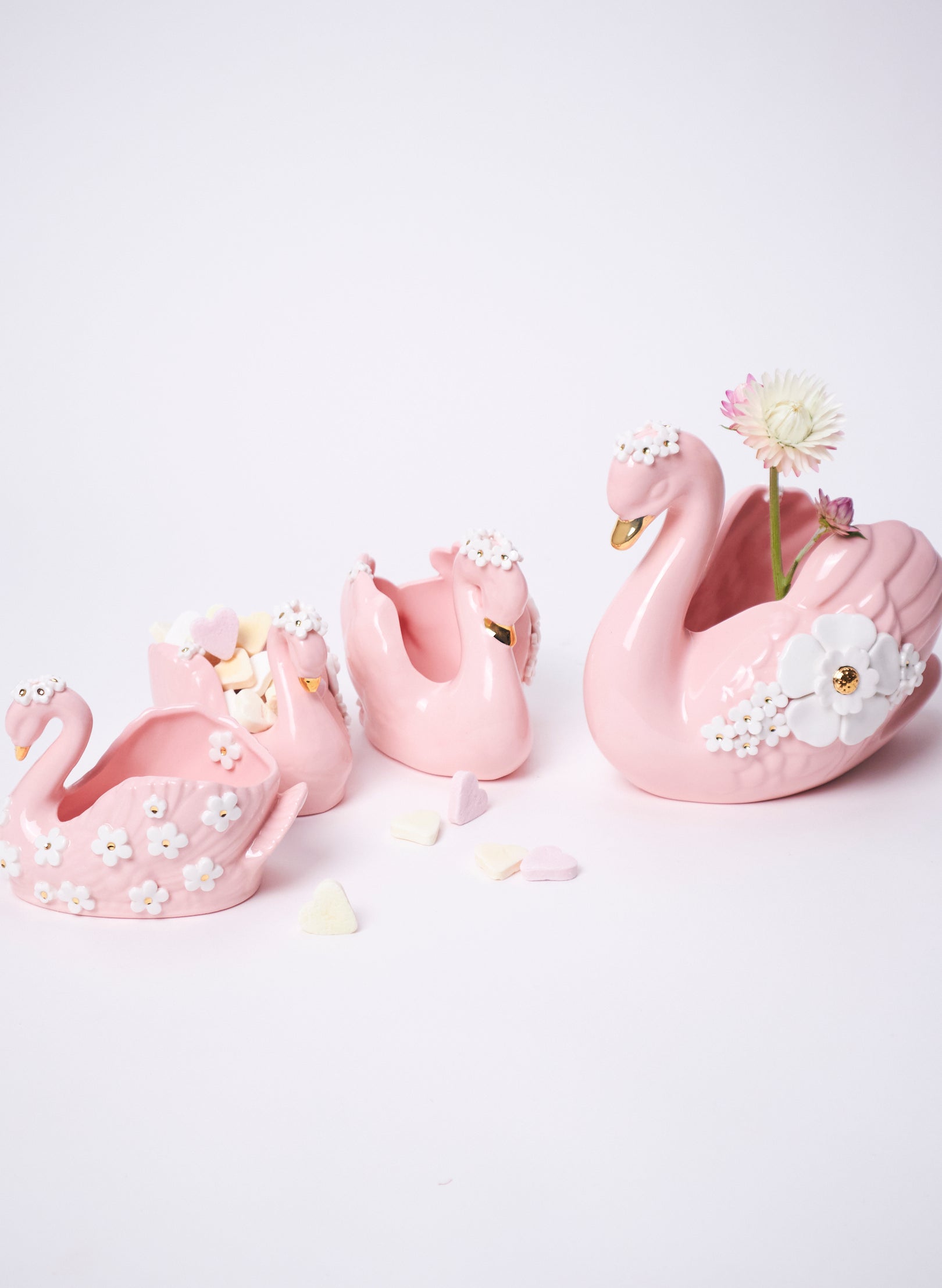 Medium Pink Swan with Gold and White Flowers